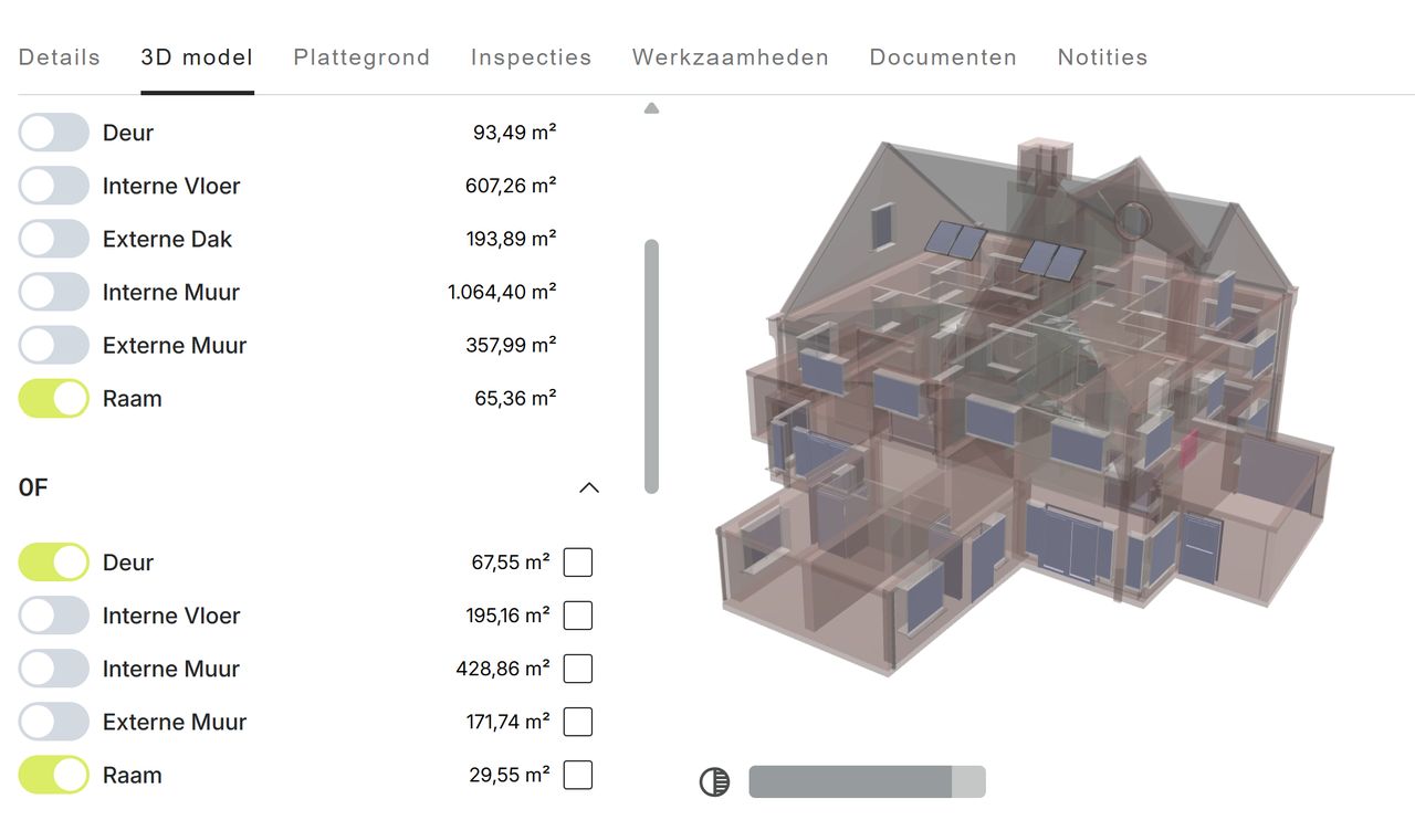 Hoeveelheden per element uit het 3D-model